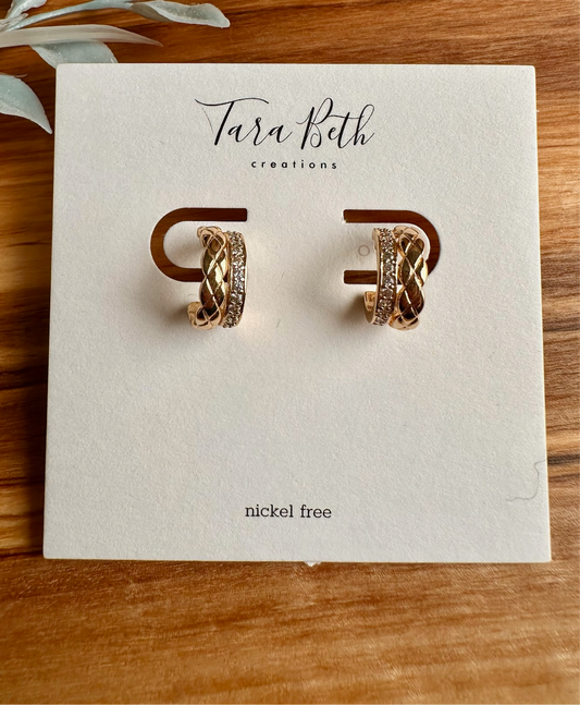Diamond Double Huggie Hoops with two-in-one design, gold coloring, diamond-like accents, and nickel-free stud closure