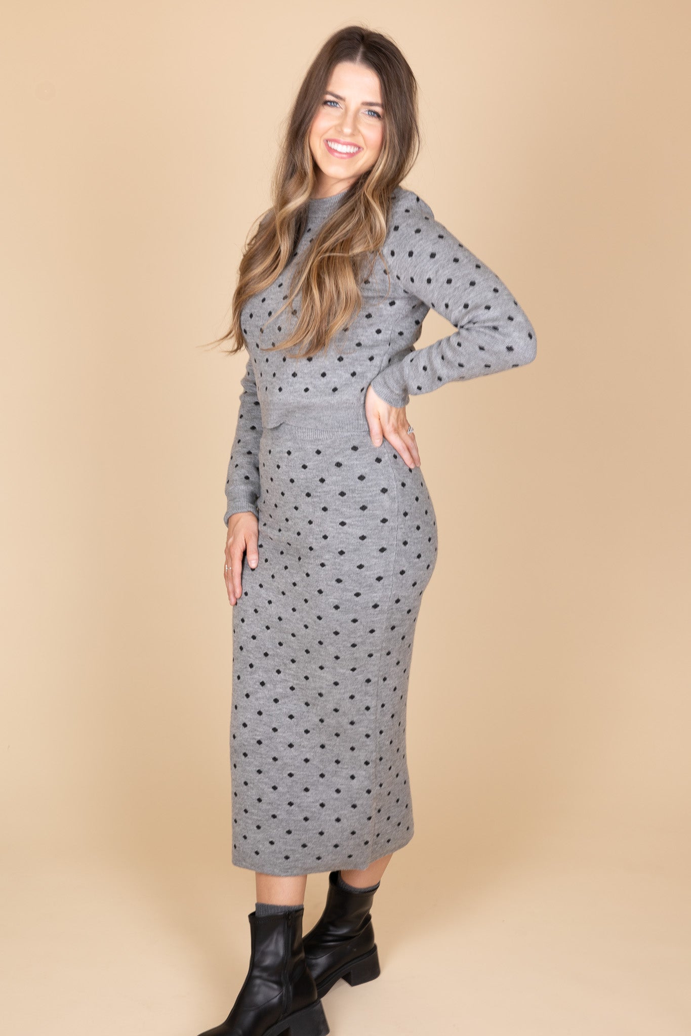 “Ansley Polka Dot Sweater Set – a soft and stylish knit sweater set with a playful polka dot pattern for effortless comfort.”