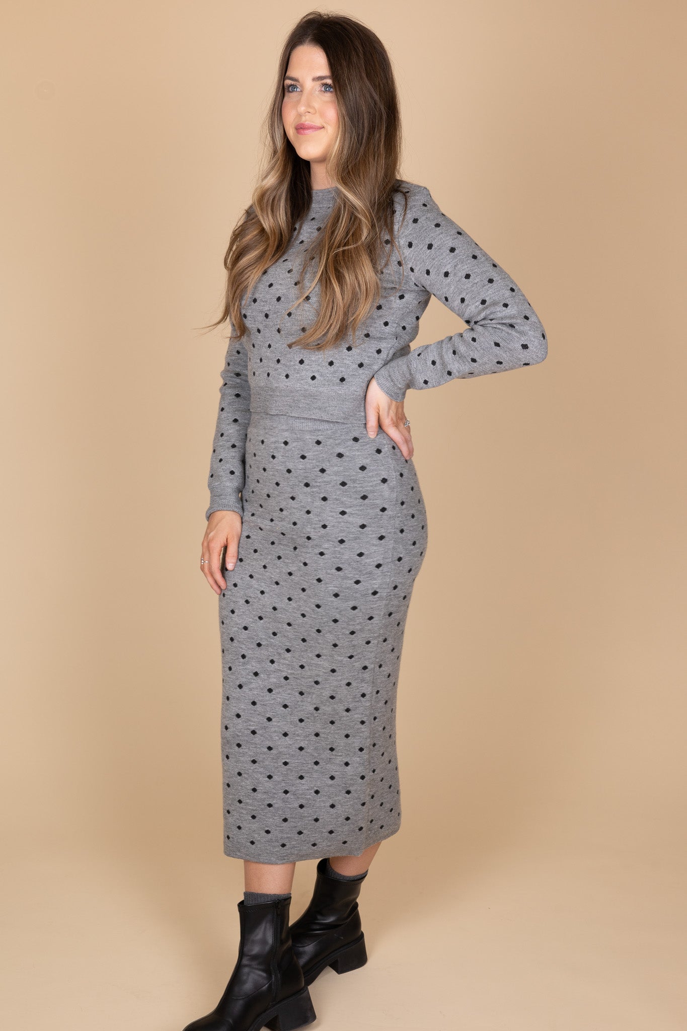 another full view of “Ansley Polka Dot Sweater Set – a soft and stylish knit sweater set with a playful polka dot pattern for effortless comfort.”