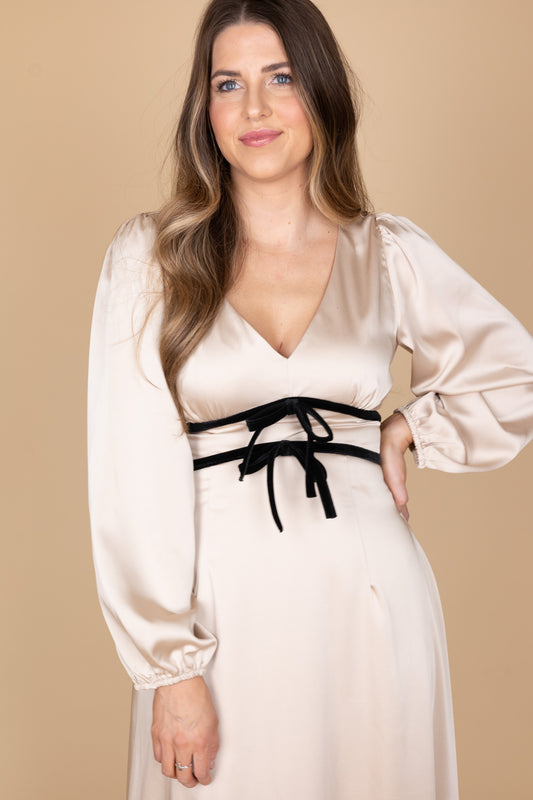 “Annabelle Satin Bow Midi Dress – an elegant satin midi dress with a statement bow, perfect for formal occasions.”