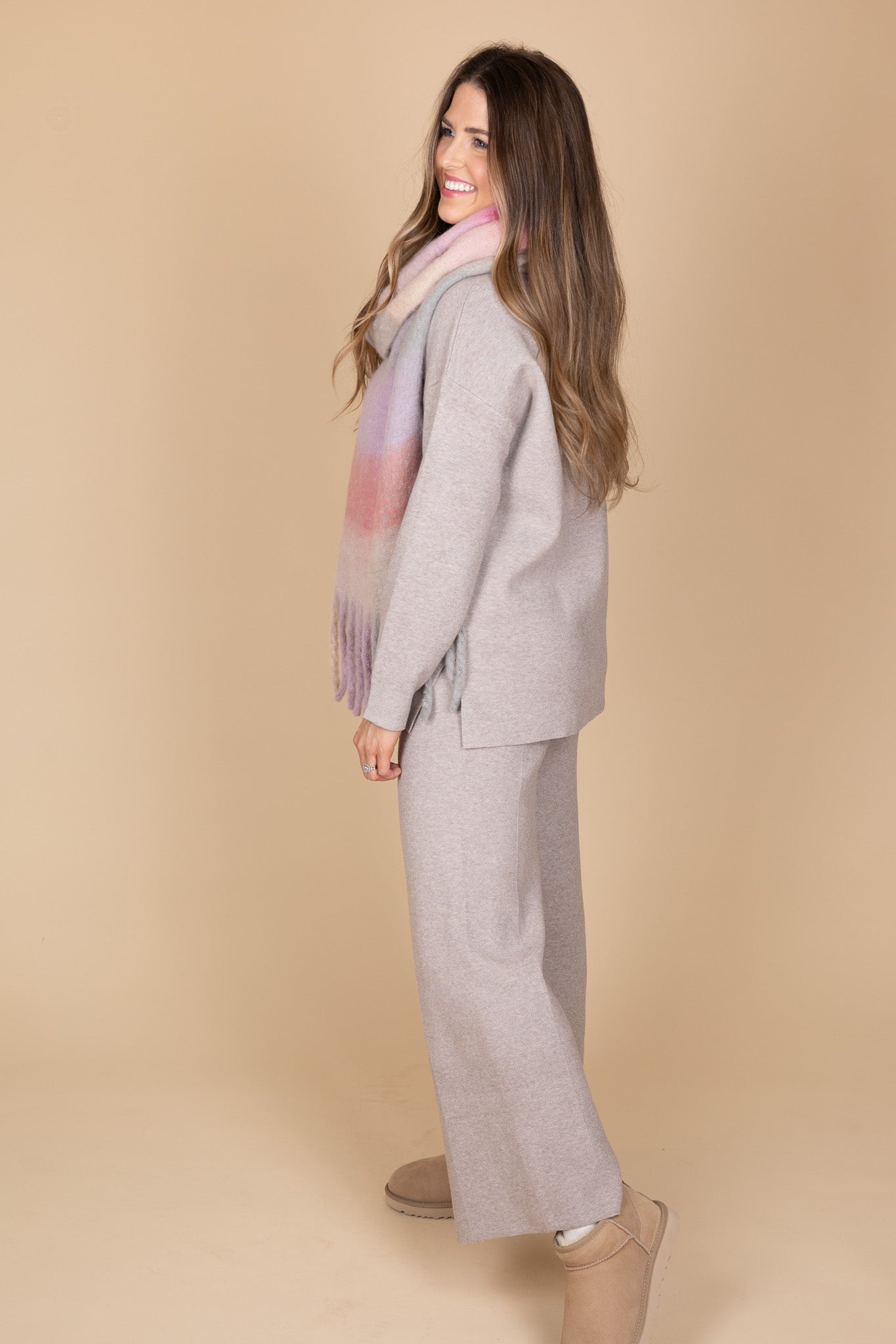 side view of “Clara Comfort Set – a soft, breathable two-piece lounge set with a relaxed fit for effortless style and comfort.”