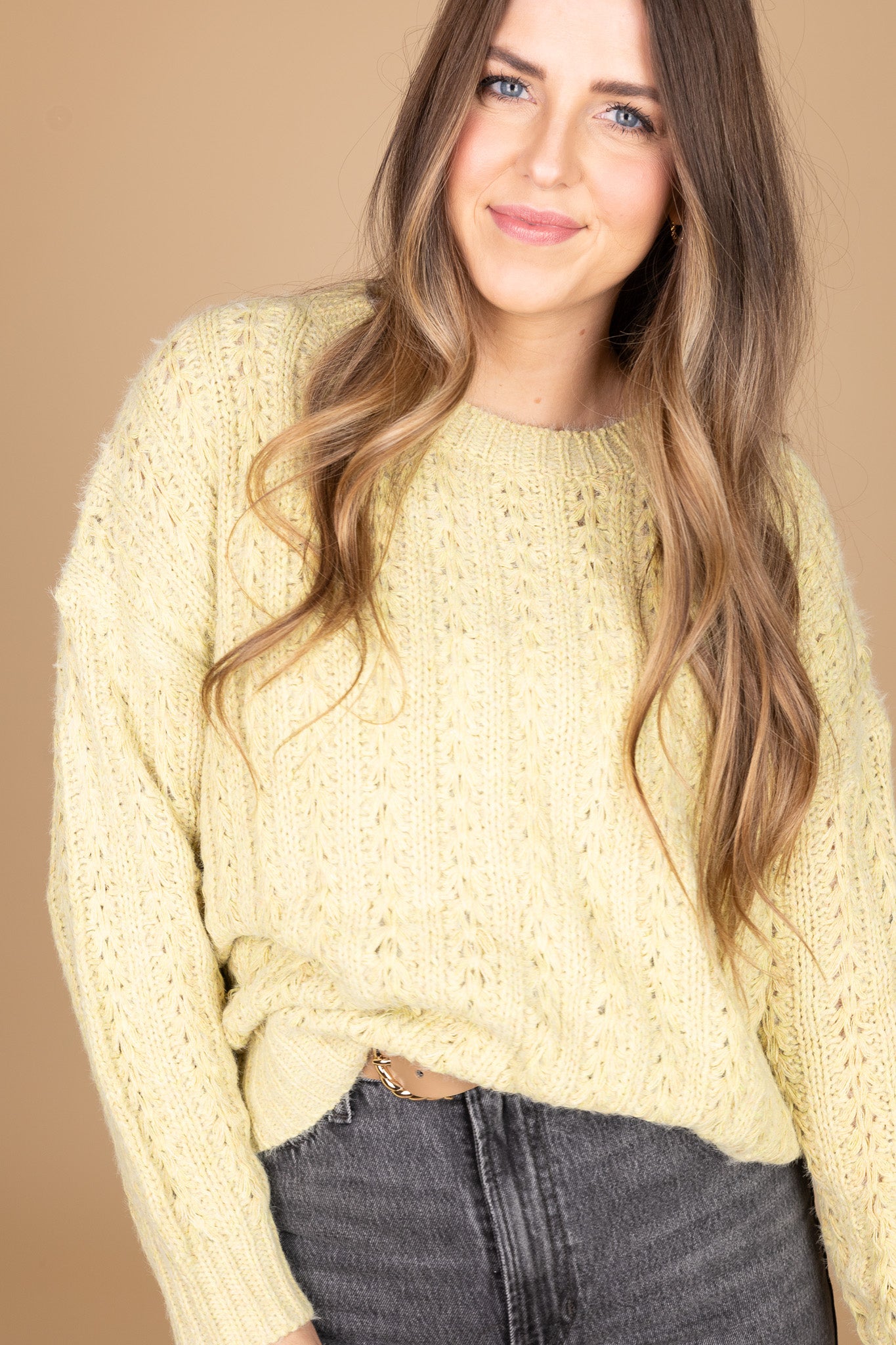 front view of “Maisey Detailed Knit Sweater – a soft and cozy sweater with intricate stitching and a relaxed fit for effortless style.”