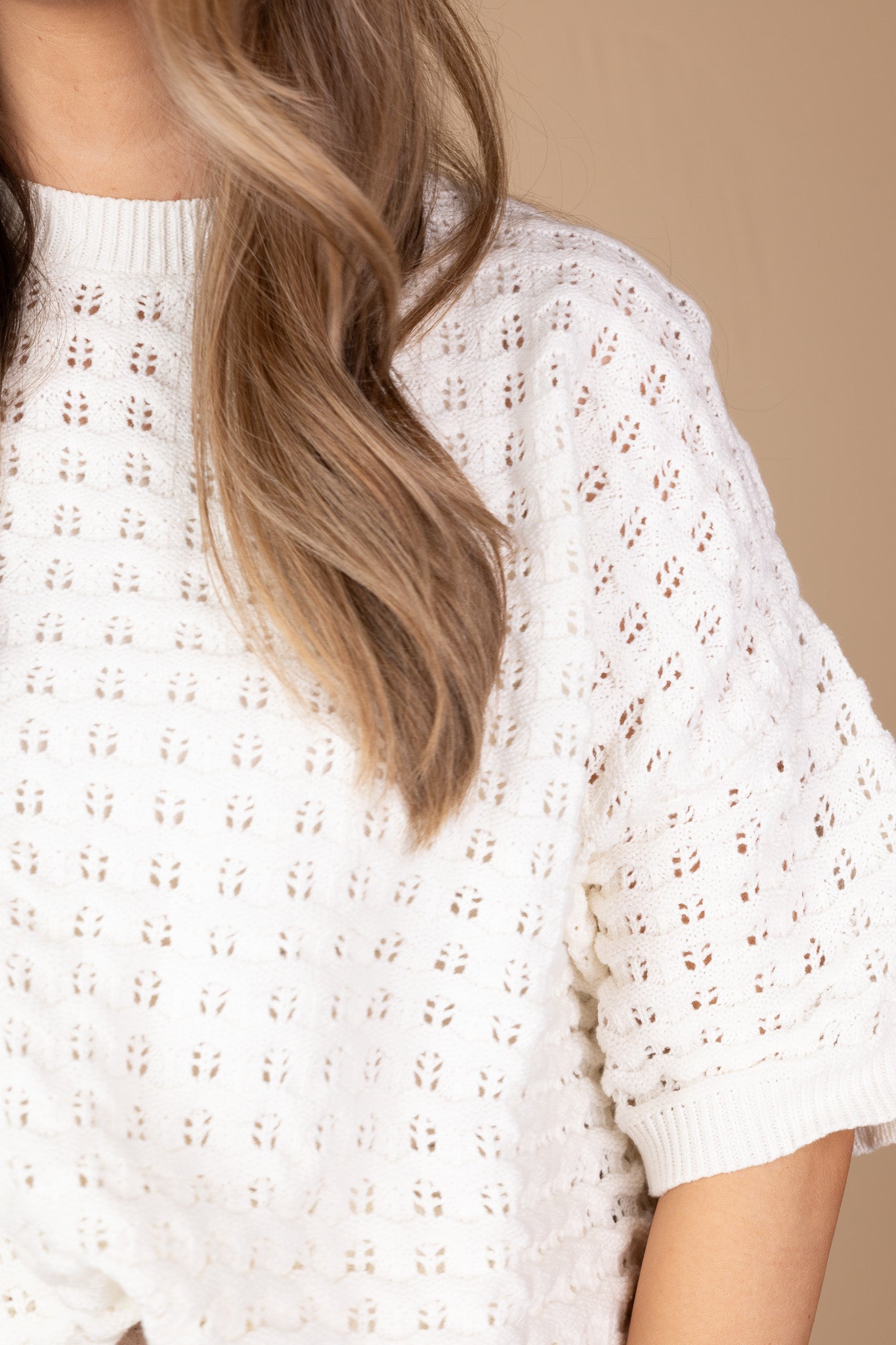 this is the sleeve view of"Riley Puff Sleeve Oversized Knit – soft, cozy, and effortlessly chic with statement puff sleeves.”