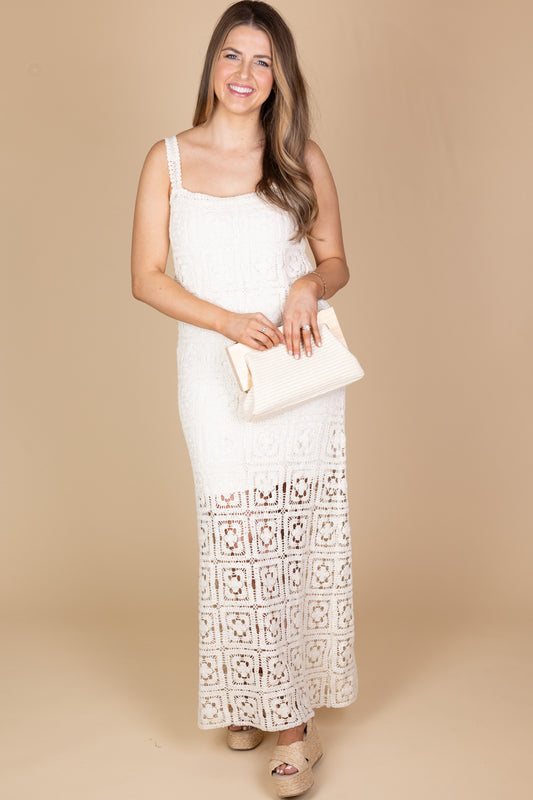 Caroline Crochet Maxi Dress in cream with stretch knit material, shift silhouette, double lining, side zipper, and maxi length
