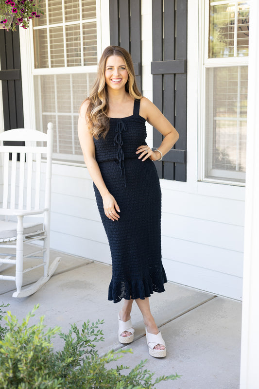 Nova Crochet Knit Midi Set in navy with cropped crochet top featuring tie detailing and high-rise lined midi skirt