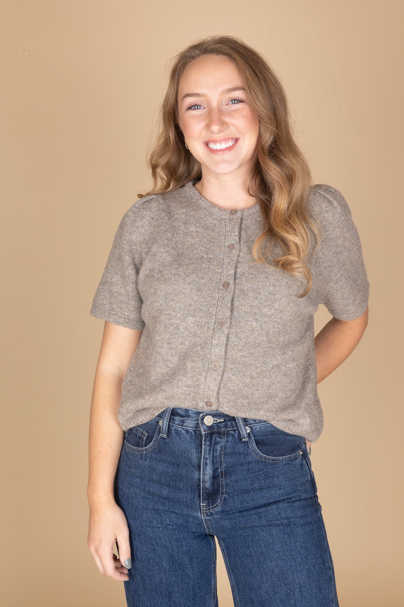 alternate view of Heathered grey-brown puff sleeve cardigan with short sleeves and buttons — women’s neutral layering top