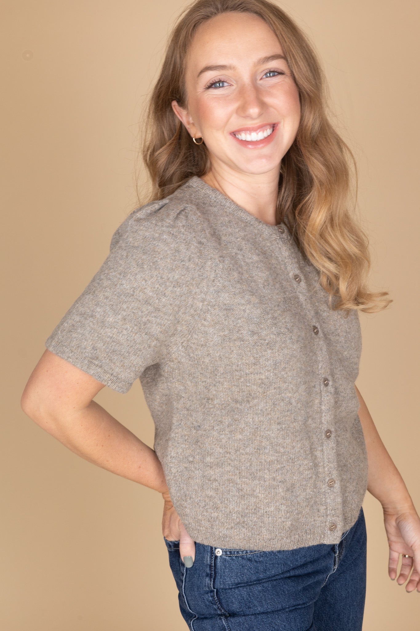 Heathered grey-brown puff sleeve cardigan with short sleeves and buttons — women’s neutral layering top