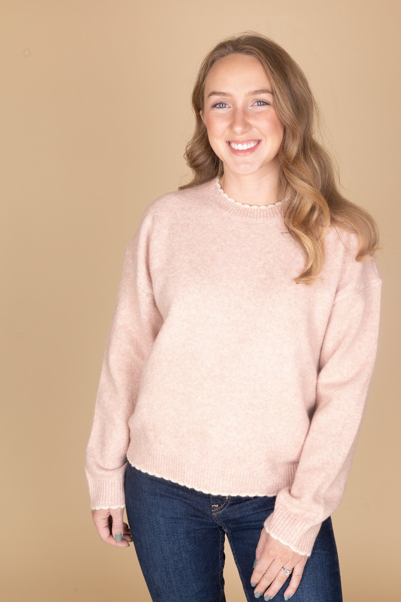 alternate view of Women’s pastel pink scalloped knit sweater with cream trim — soft, feminine knit top from ELLX Boutique