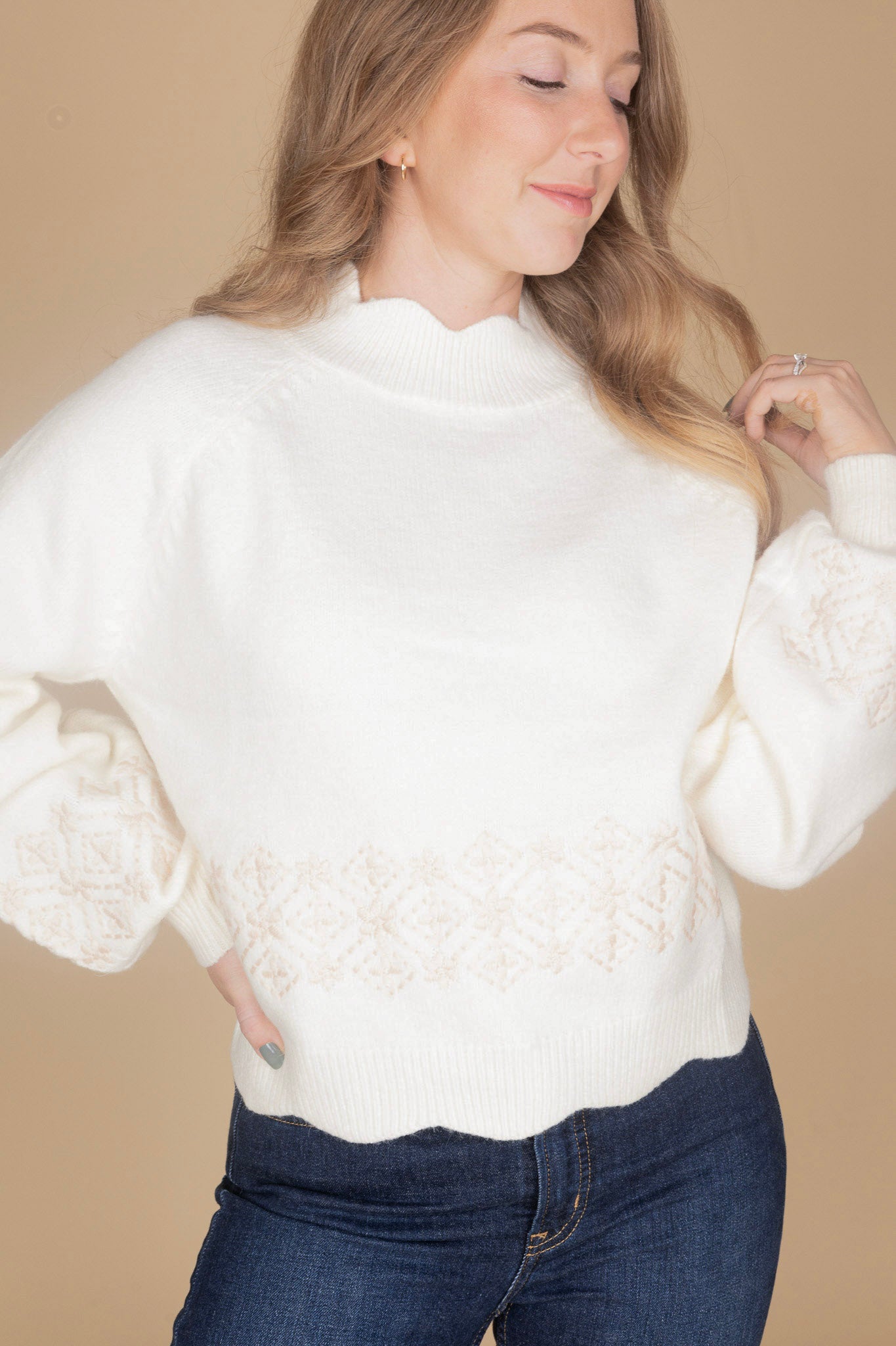 additional view of Women’s cream mock neck sweater with scalloped detail, pink floral embroidery, and balloon sleeves — ELLX Boutique knitwear