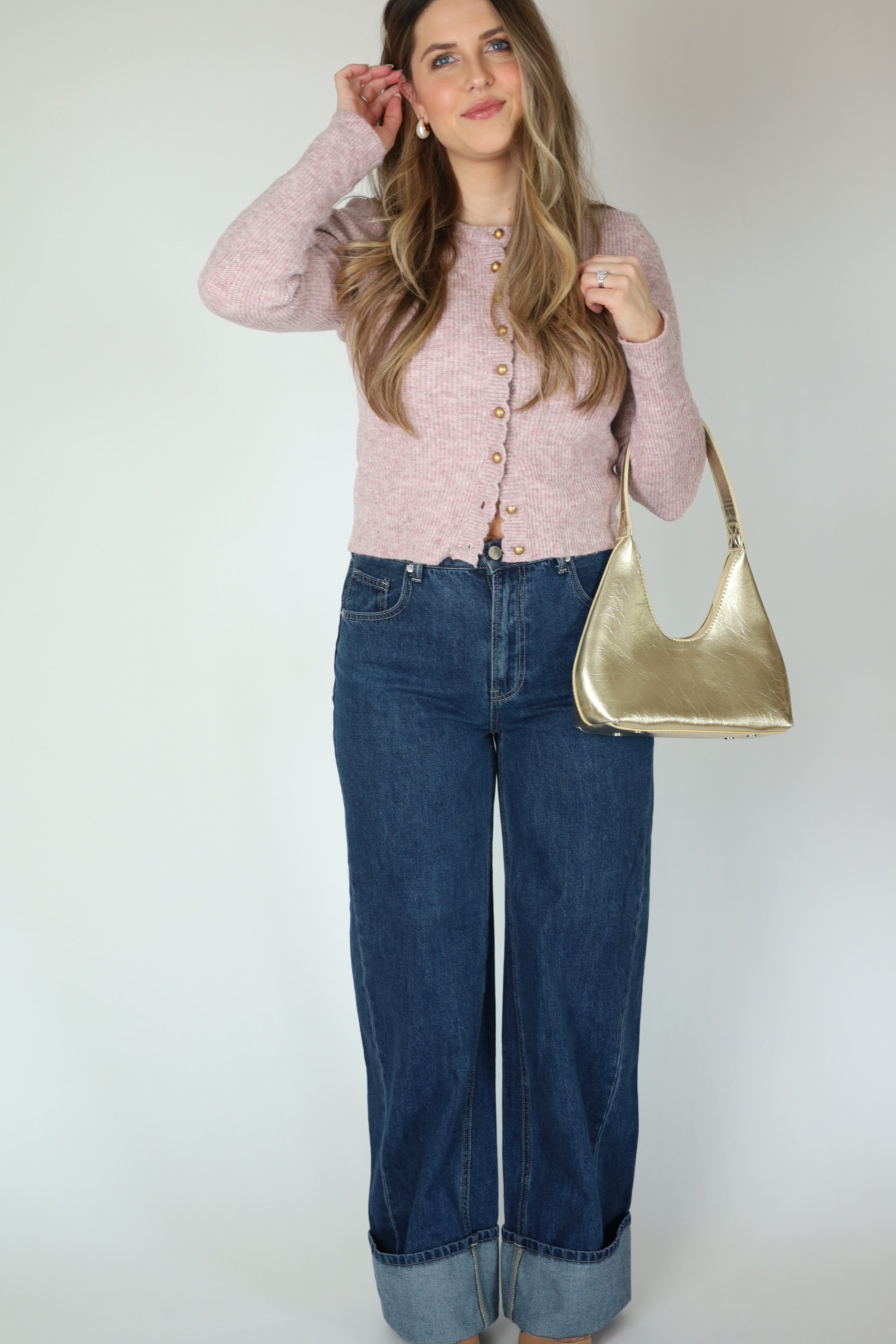 Women's Cuffed Wide Leg Jeans | Dark Wash Denim with Belt – ELLX