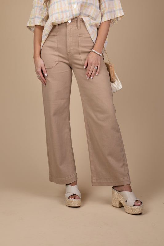 Zara's Wide Leg Utility Pants in light brown with high rise, utility pockets, and wide leg silhouette. Cropped/ankle length and true to size fit.