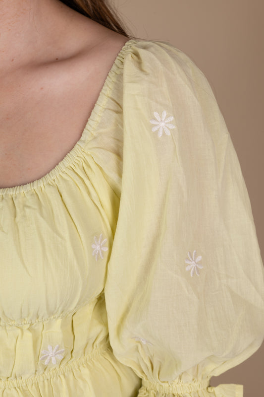 Sleeve detail view of Lime green peplum blouse with embroidered floral details, three-quarter length puff sleeves, and a hip-length cut. Ideal for a sophisticated and elegant look.