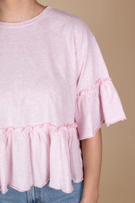 Taytum Ruffle Cropped Tee in heathered pink with a relaxed fit and ruffle detailing, perfect for any casual outfit.