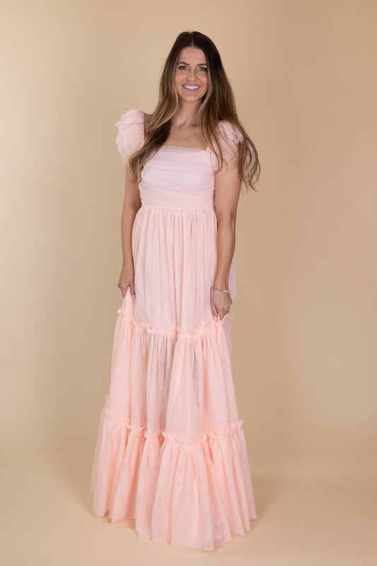 Everleigh Pink Flutter Sleeve Gown