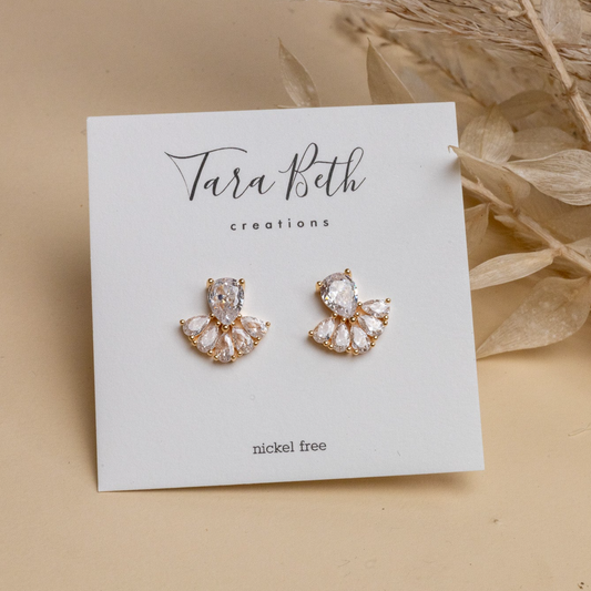 Teardrop Gem Earrings in gold, stud design, nickel-free. Elegant and sophisticated accessories from Ellx Boutique