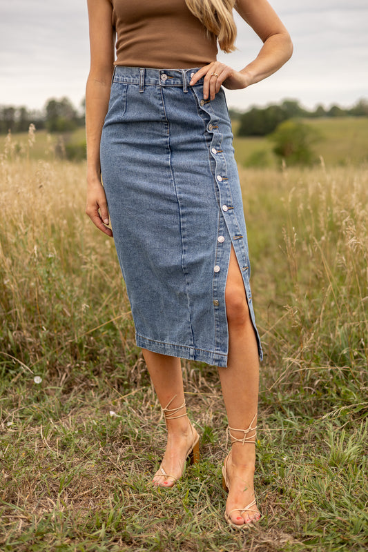 front view of denim midi skirt with side buttons all the way down