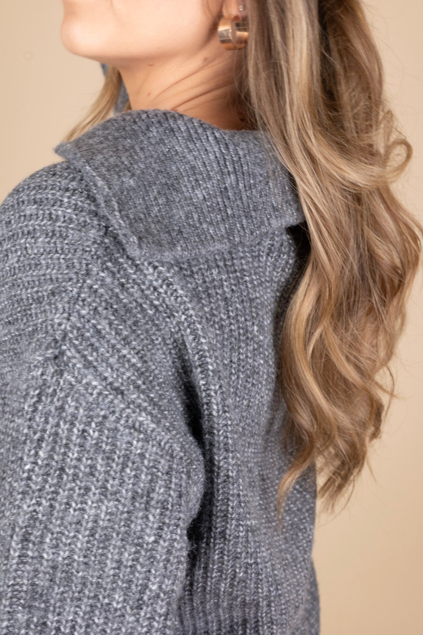 Sawyer Collared Sweater side close up view of heathered grey knit fabric and large collar, slightly ribbed and a more oversized look.