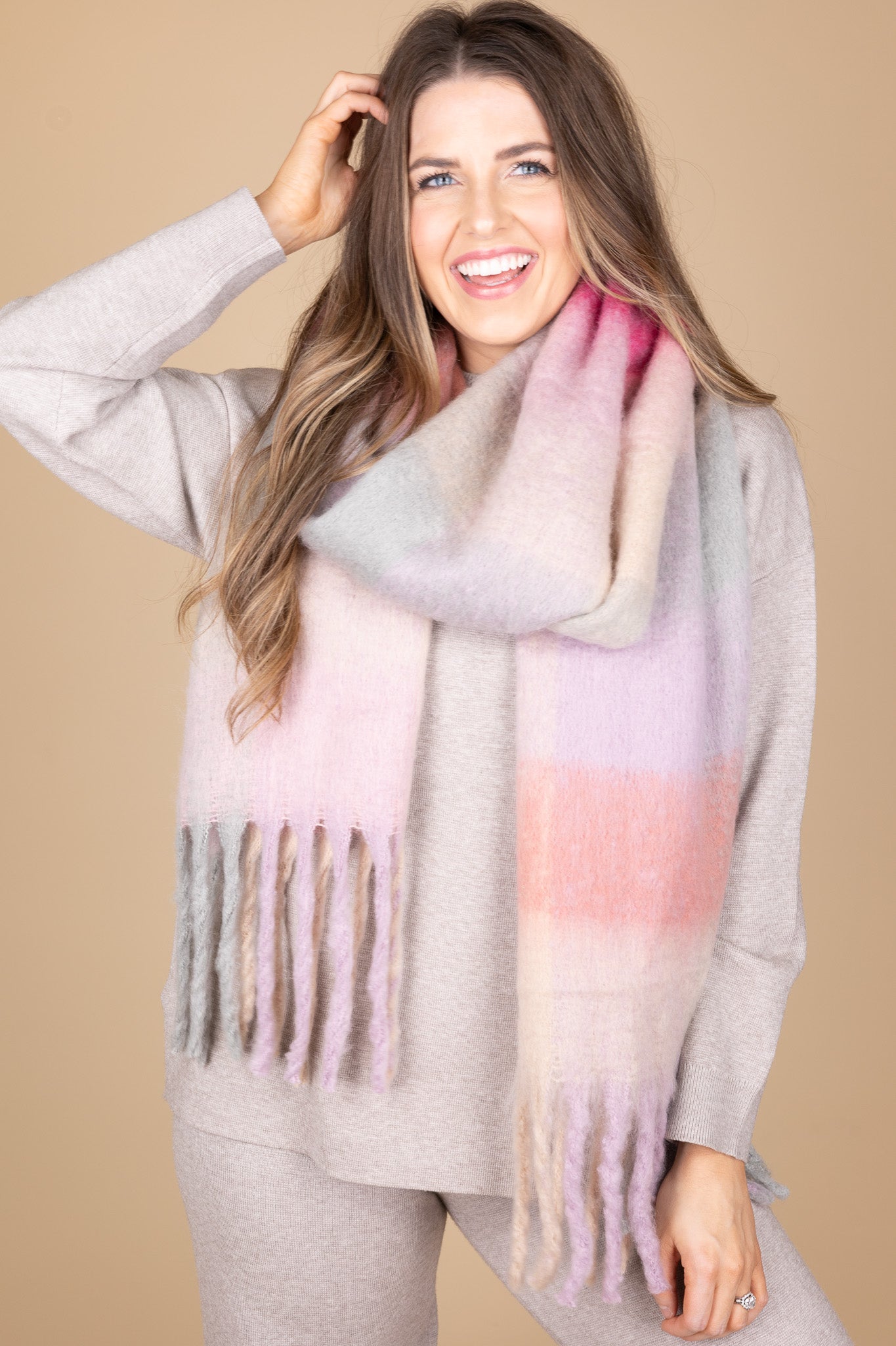 top view of “Ella Ombre Blanket Scarf – a soft and stylish oversized scarf with a beautiful ombre gradient for layering.”

