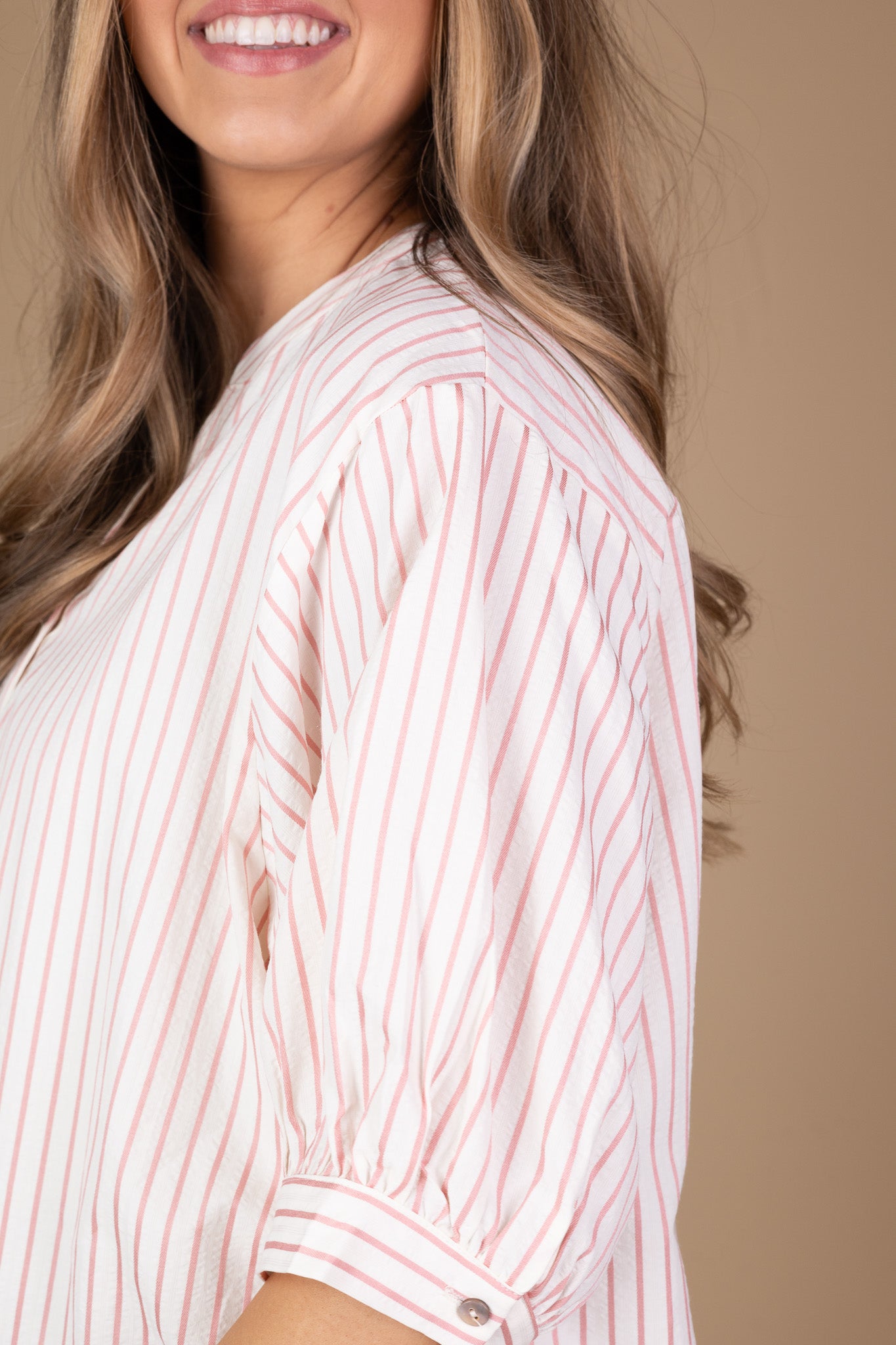 Sutton Striped Button Up Blouse with pink stripes, puff sleeves, and a classic button-up design, perfect for work and casual wear.