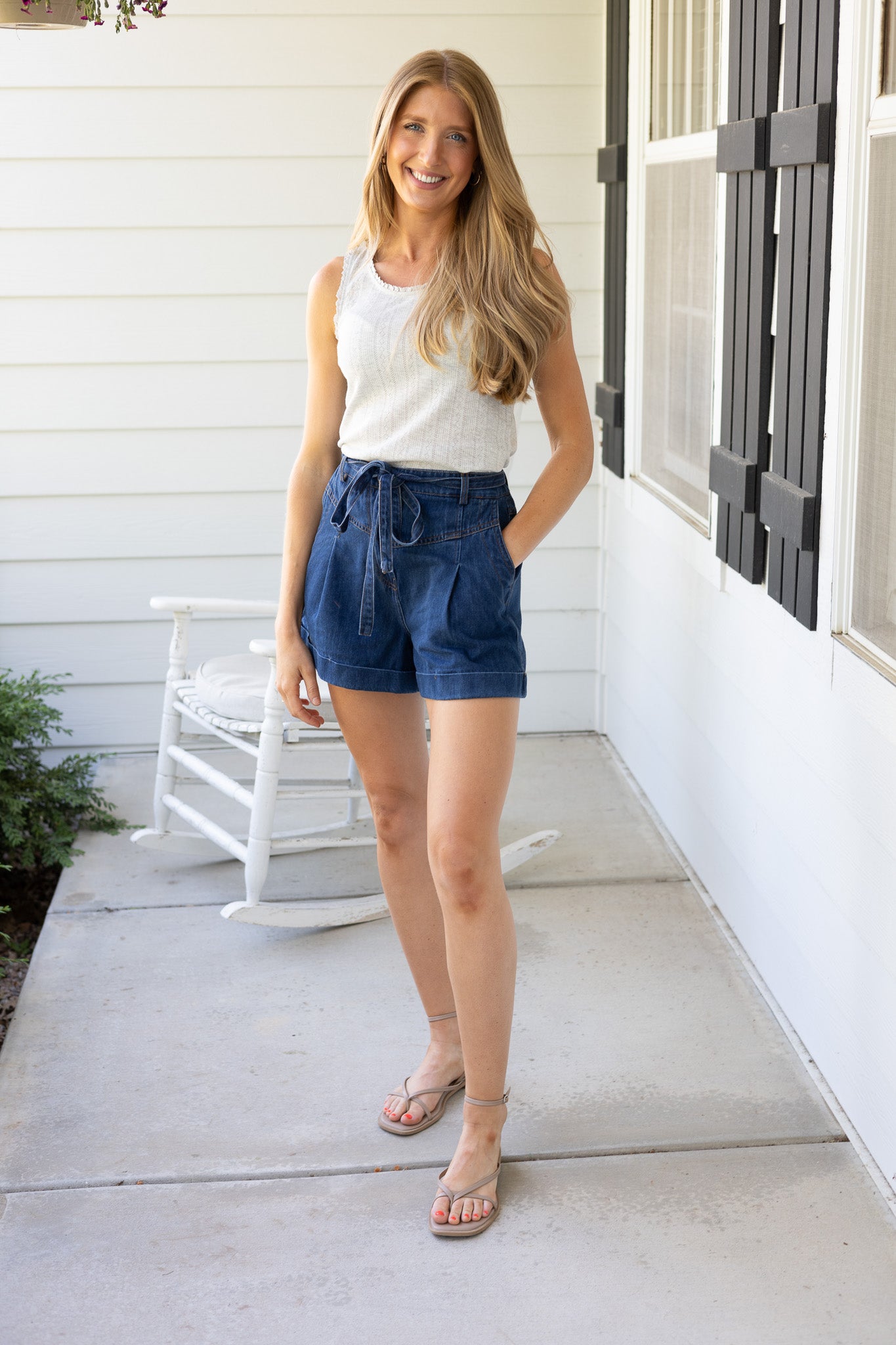 zoom out with shorts Parker Pointelle Top in light grey with tank style, pointelle fabric detailing, and ruffle trim

