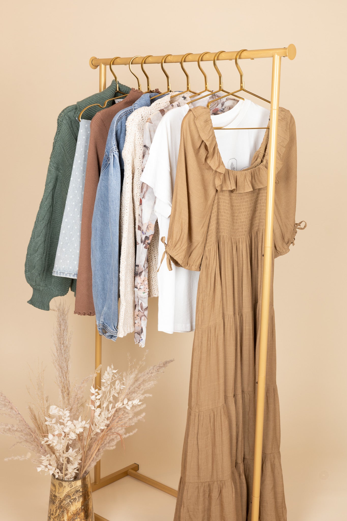 Brown ruffle tiered midi dress with smocked bodice and trim detail — feminine fall dress for women