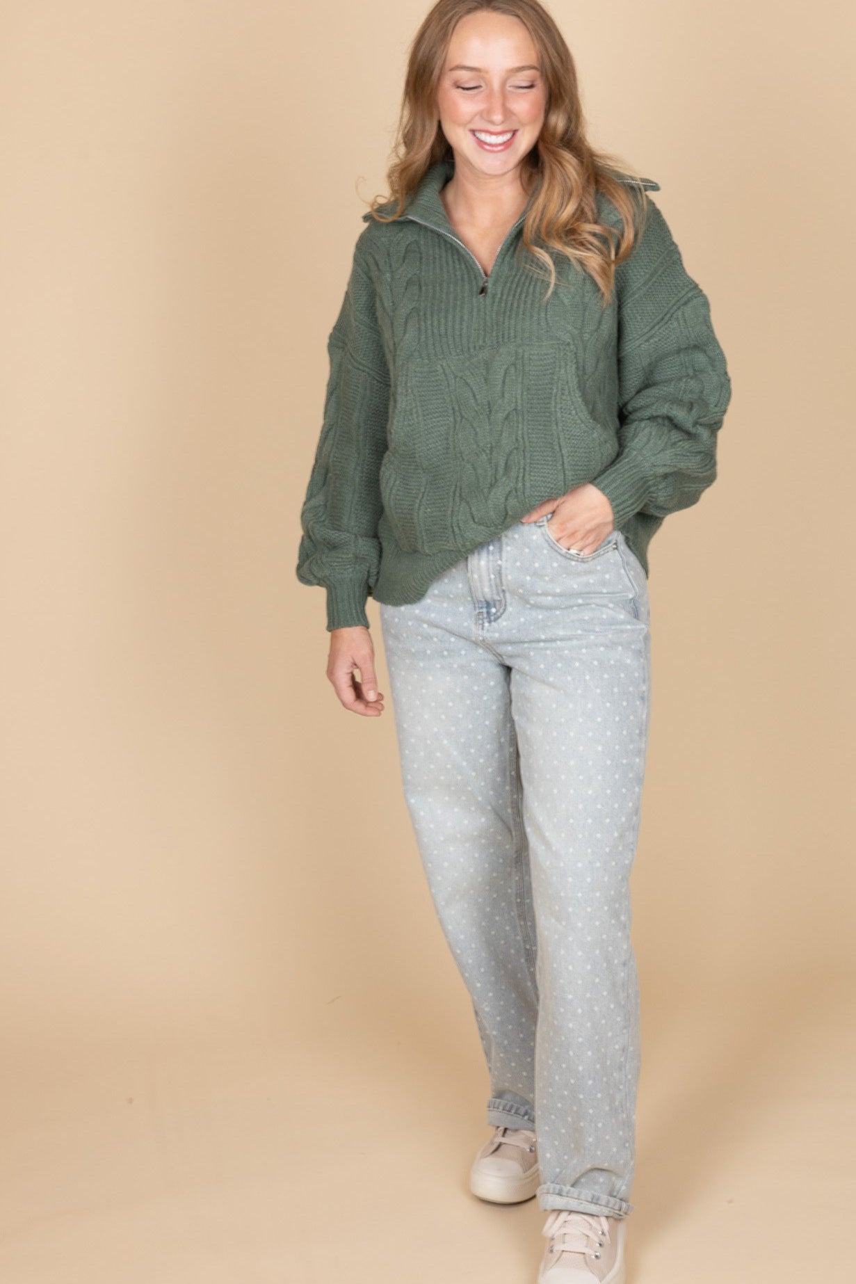 alternate view of Oversized cable knit quarter zip sweater in deep sage green — women’s cozy fall pullover with pocket