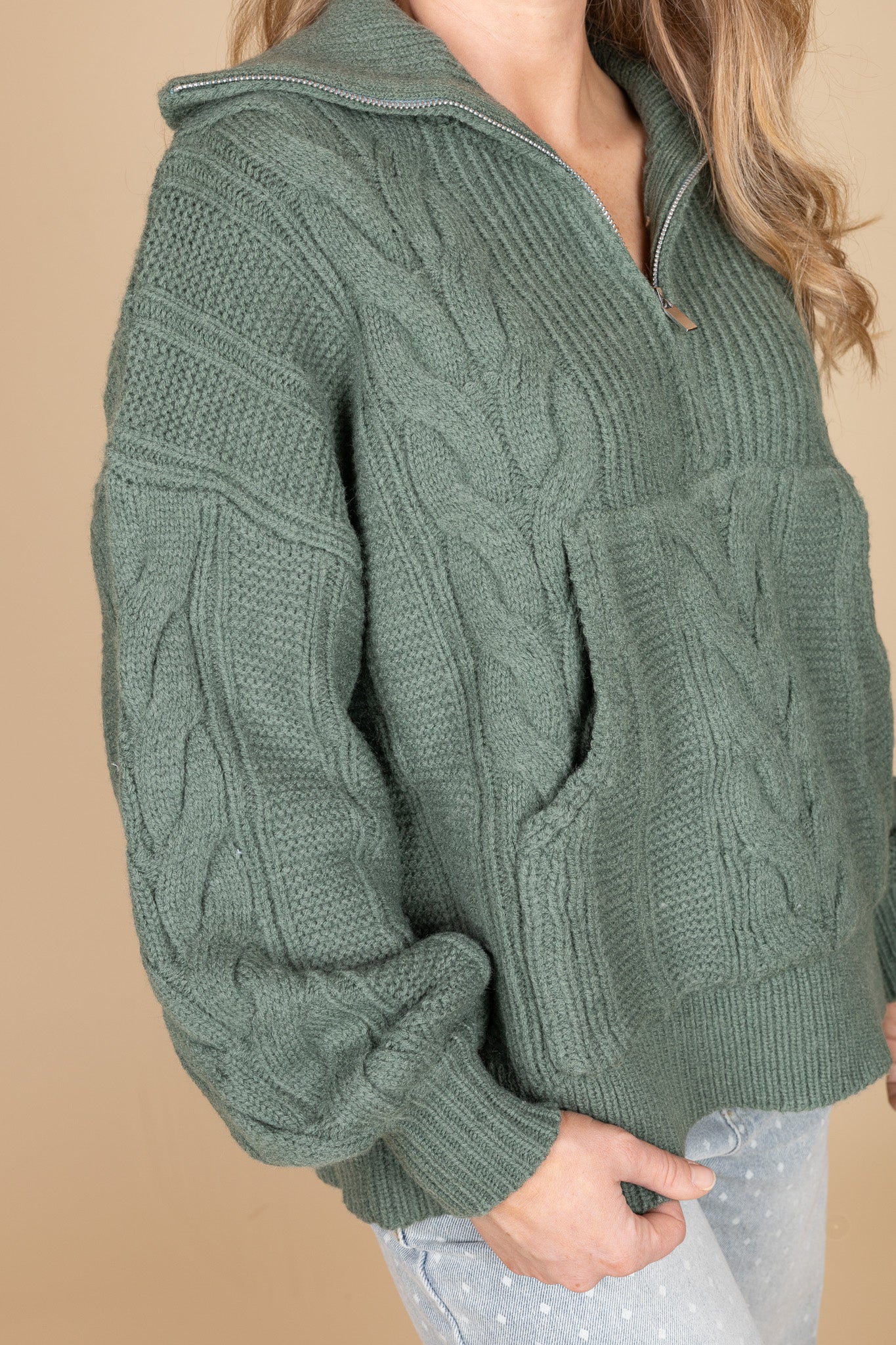 Oversized sage green cable knit sweater with quarter zip and pocket — cozy women’s pullover from ELLX Boutique