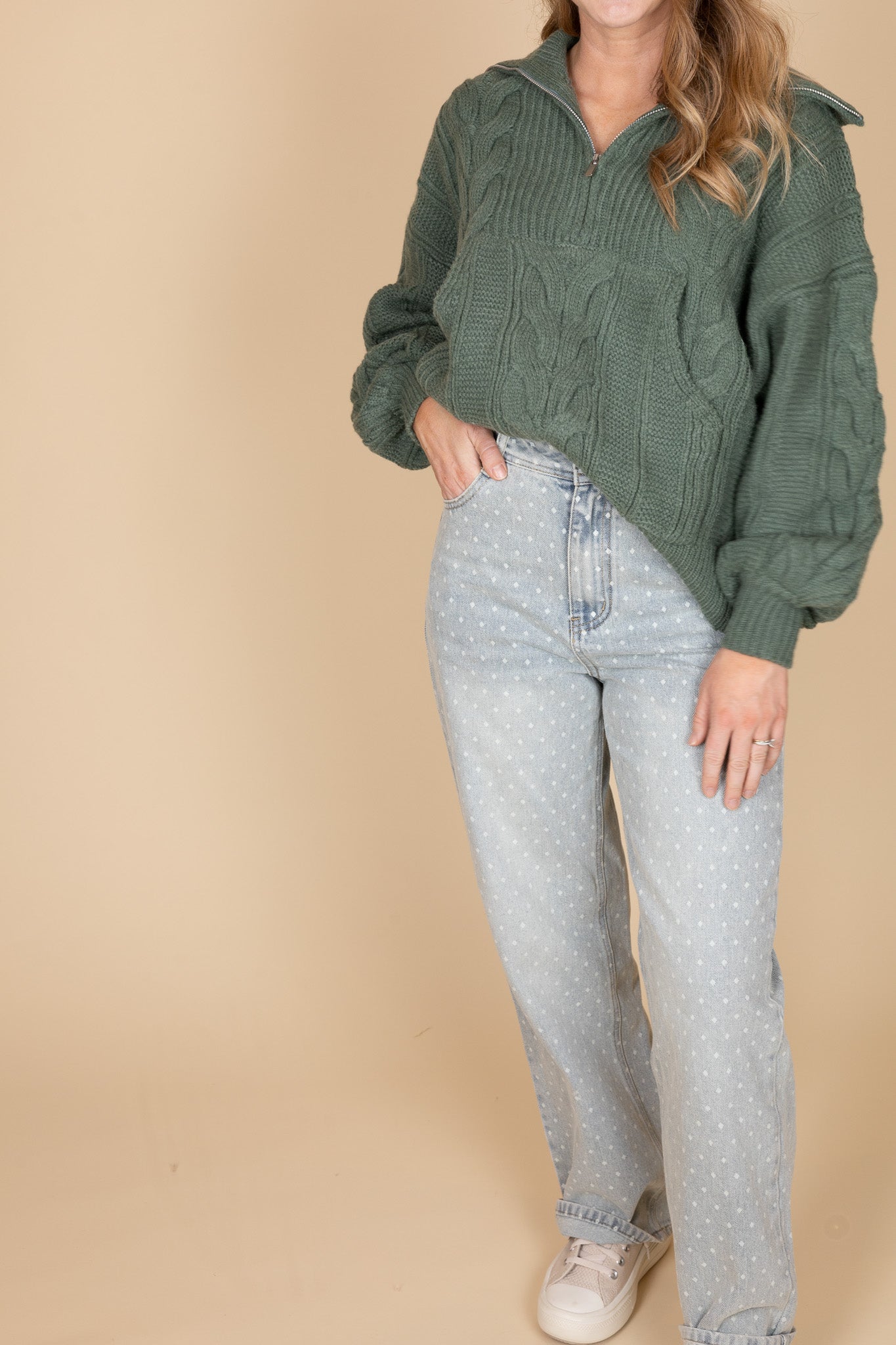 Oversized Sage Green Sweater Cable Knit Quarter Zip Pullover