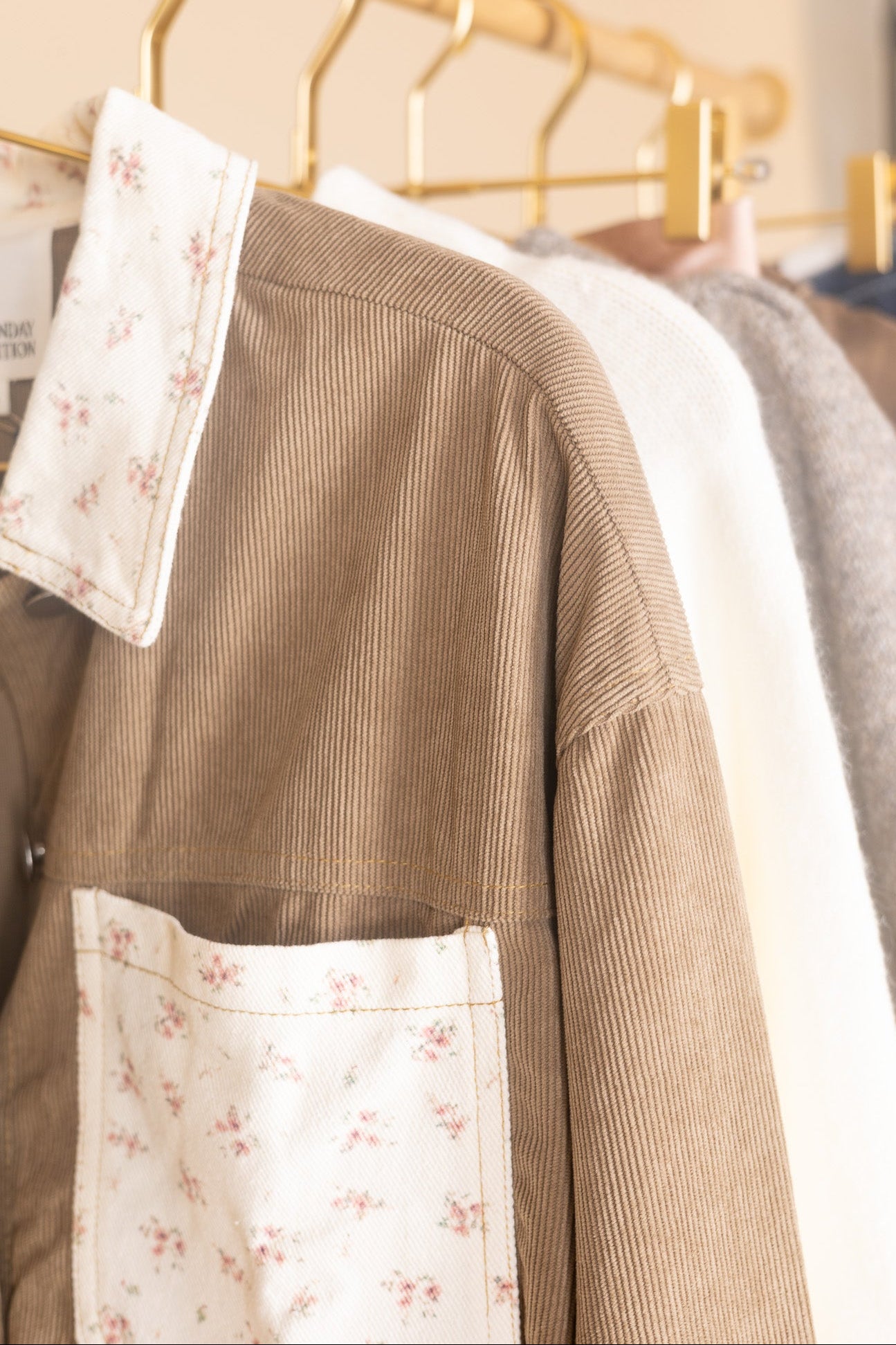 Women’s floral corduroy jacket in brown with pink and cream trim — oversized fit, lightweight fall layering piece from ELLX Boutique