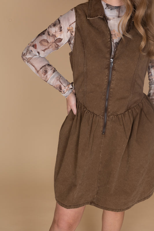 Women’s zip up mini dress in twill denim-style fabric with V-hem waist and pockets — chic fall outfit from ELLX Boutique