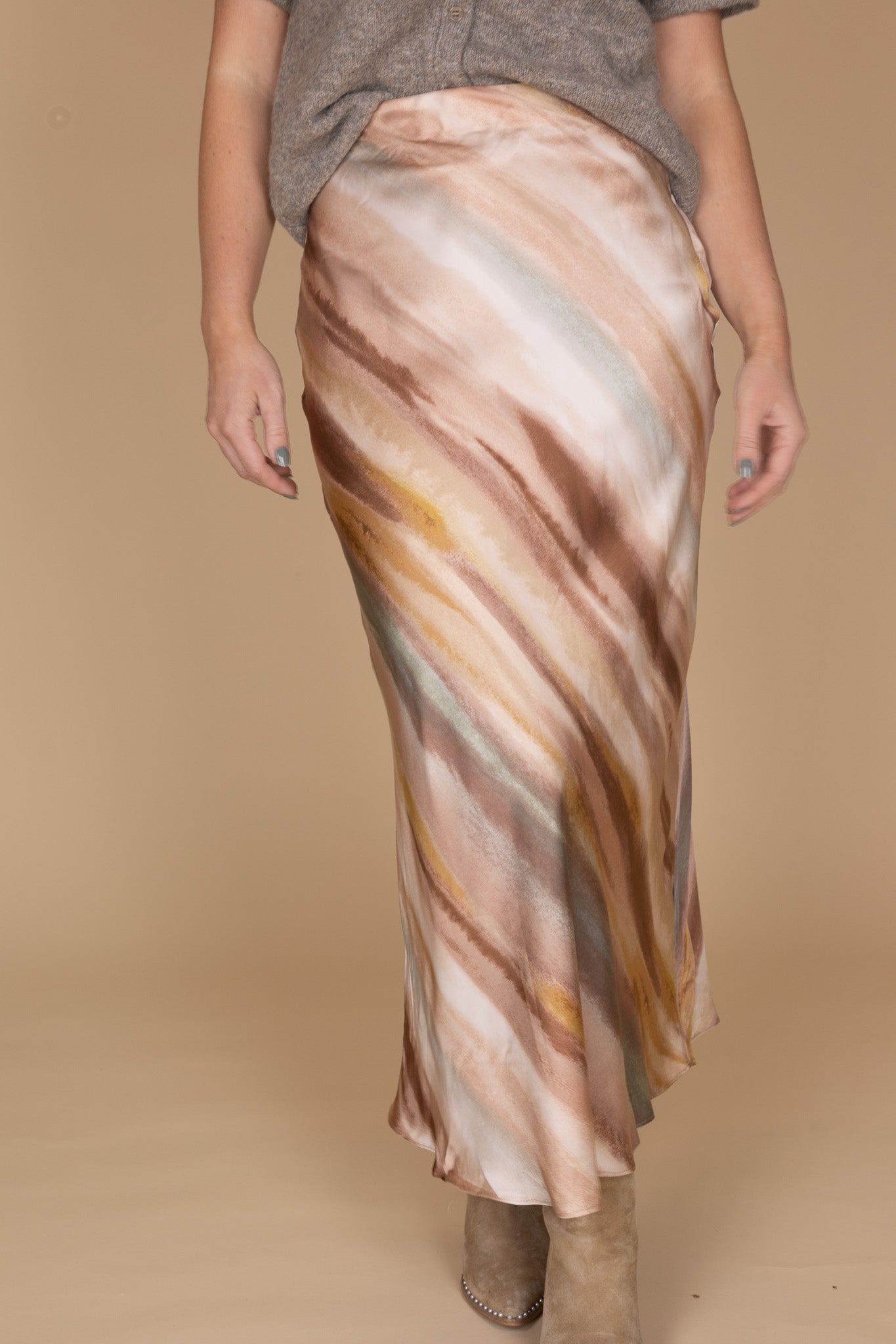 alternate view of Women’s ombré satin midi skirt with smooth fabric and elastic waistband — colorful, elegant skirt from ELLX Boutique