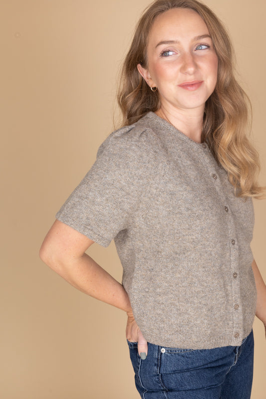 Women’s short sleeve puff sleeve cardigan in heathered grey-brown with functional buttons — versatile layering sweater from ELLX Boutique
