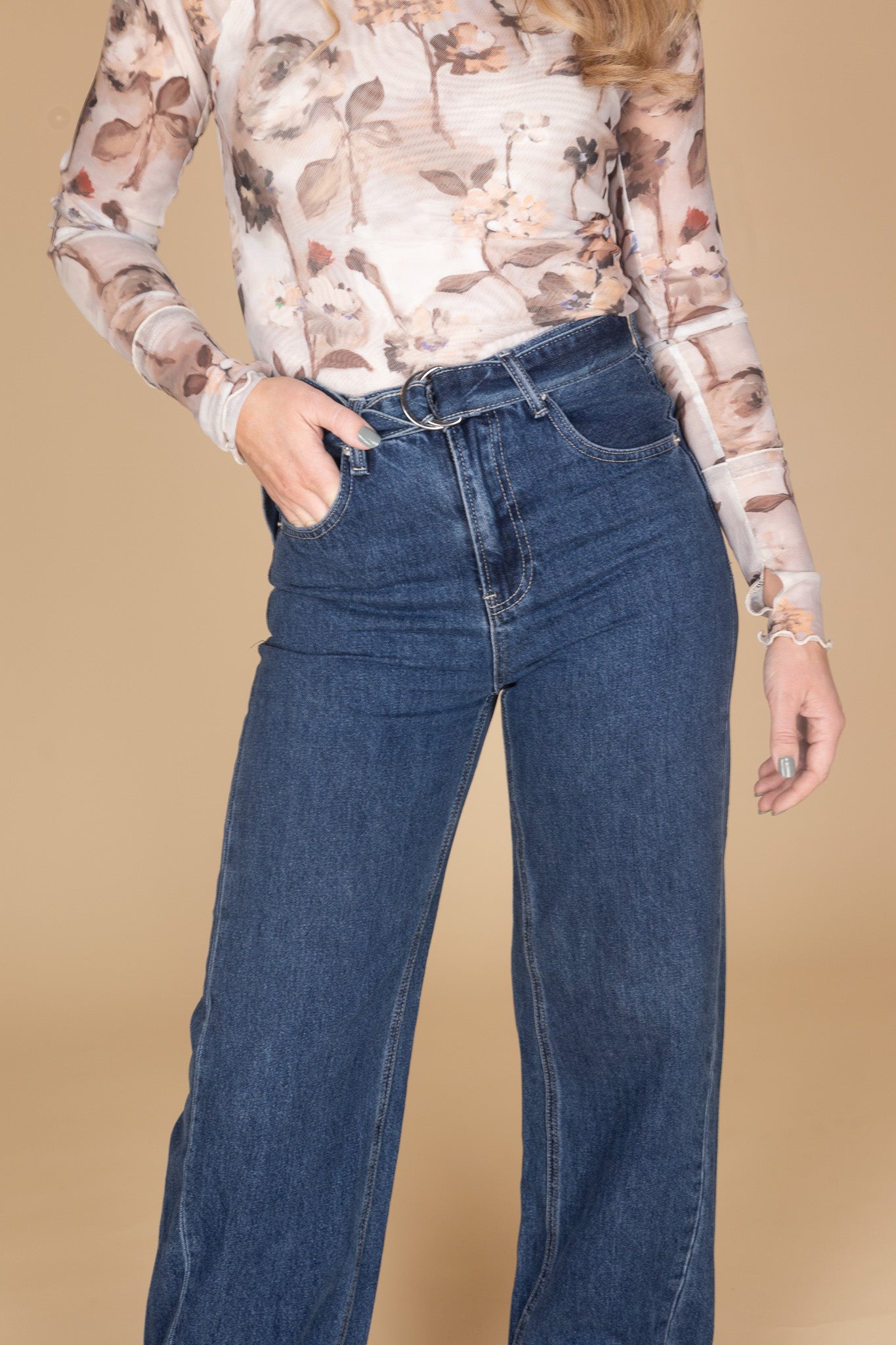 detail view of Women’s dark wash cuffed wide leg jeans with removable belt — modern high waist denim from ELLX Boutique