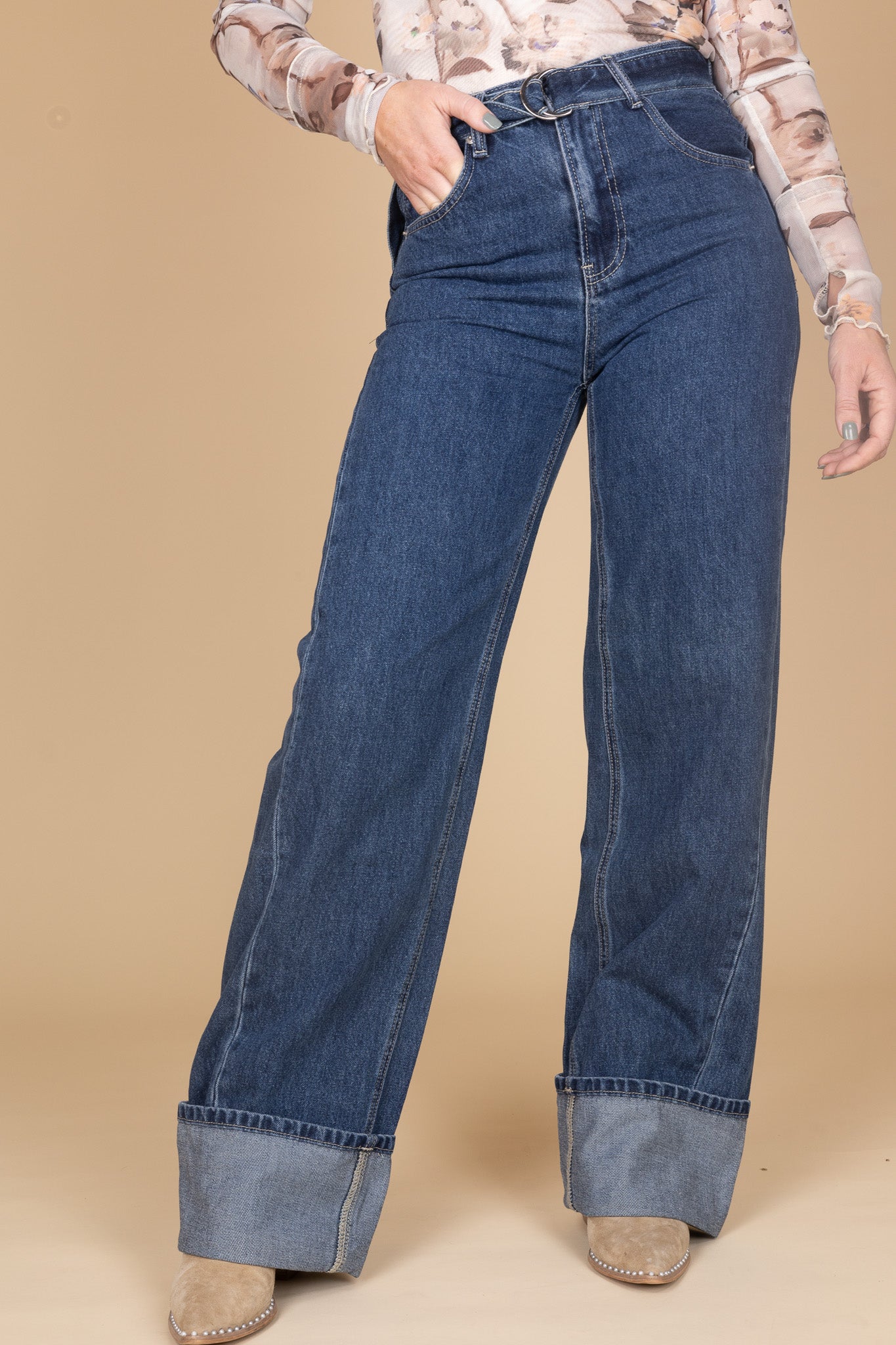 Women’s dark wash cuffed wide leg jeans with removable belt — modern high waist denim from ELLX Boutique