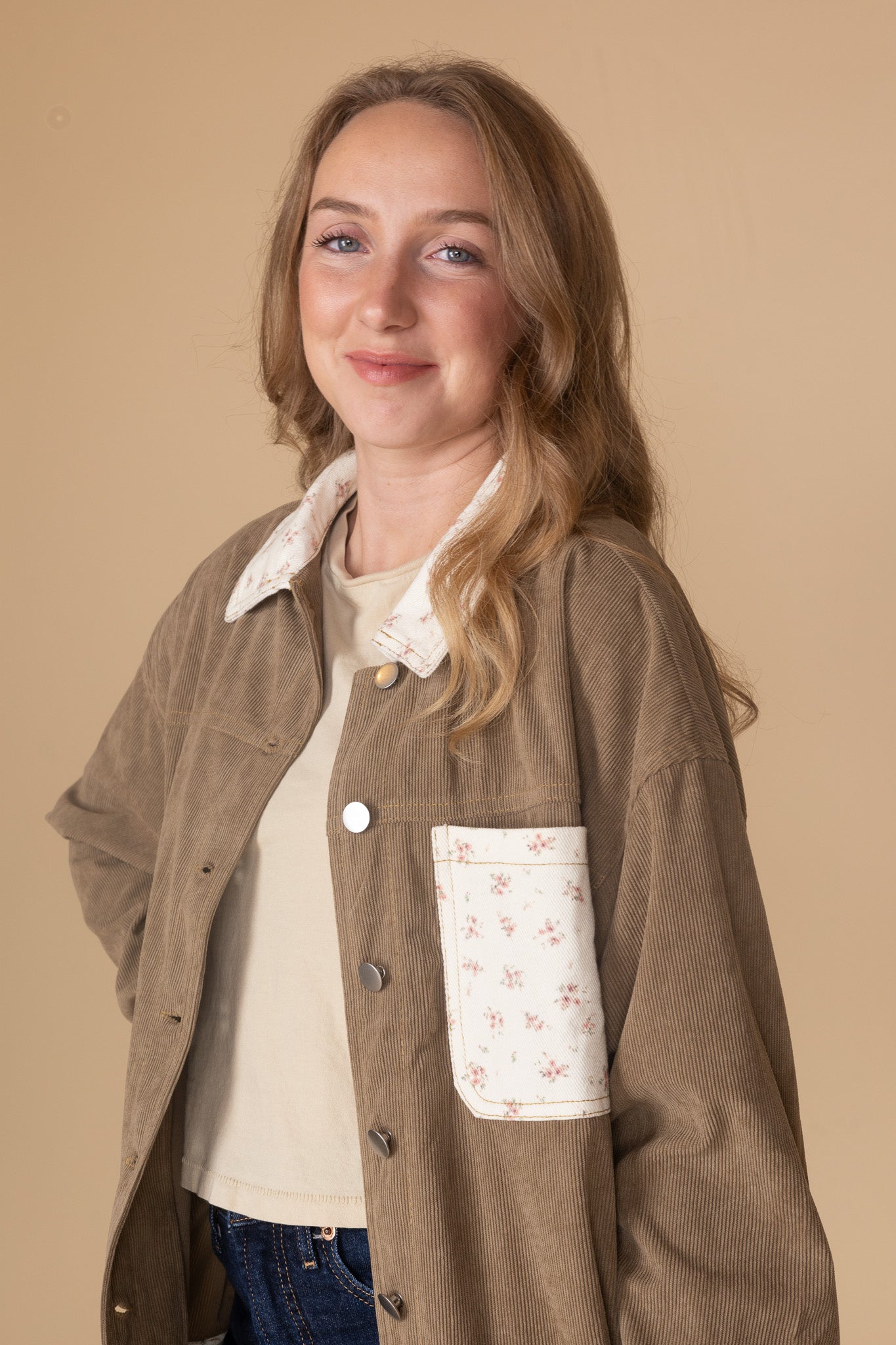 addtional view of Women’s floral corduroy jacket in brown with pink and cream trim — oversized fit, lightweight fall layering piece from ELLX Boutique